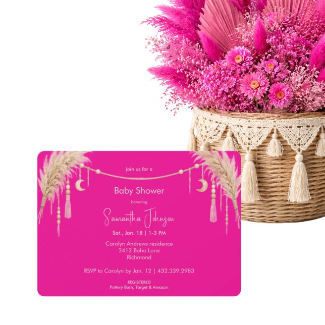 Varmt Rosa Boho Pampas Bebis Shower Inbjudningar (Skapare uppladdad)