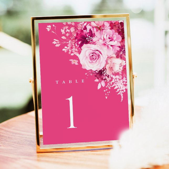 Varmt rosa bröllopsbord nummerkort, rosa blommor (Hot Pink Floral Wedding Table Numbers, Fuchsia Rose Reception Table Number Sign in Gold Frame Decor)