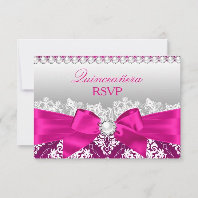 Varmt rosa Damask & Pärlbåge Quinceanera RSVP OSA Kort (Framsida)