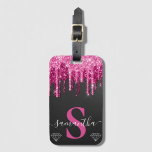 Varmt rosa droppande glitter på svart monogram bagagebricka
