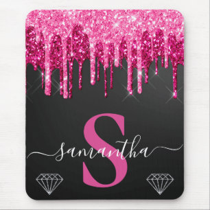 Varmt rosa droppande glitter på svart monogram musmatta
