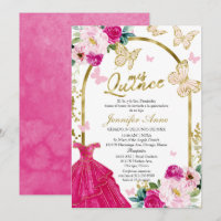 Varmt Rosa Fjäril Spanska Quinceanera-inbjudningar