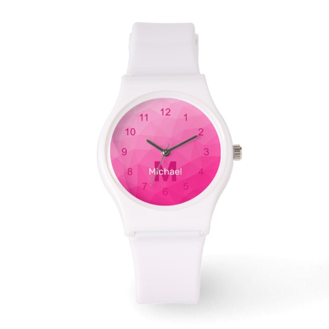 Varmt rosa geometriskt nätmönster Monogram Armbandsur (Framsida)