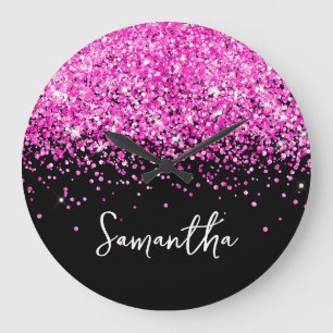 Varmt Rosa Glitter Svart Namnskrift Stor Klocka