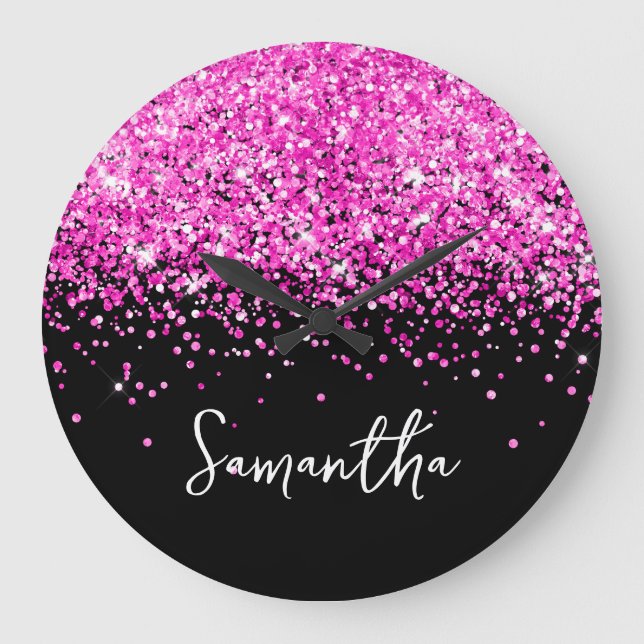 Varmt Rosa Glitter Svart Namnskrift Stor Klocka (Framsida)