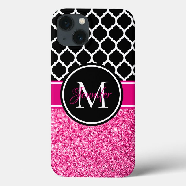Varmt rosa glitter svart och vit spaljémonogram (Baksida)