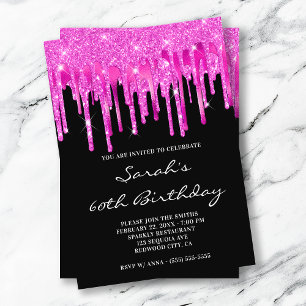 Varmt rosa glitterfolie droppade svarta 60-årsdag inbjudningar