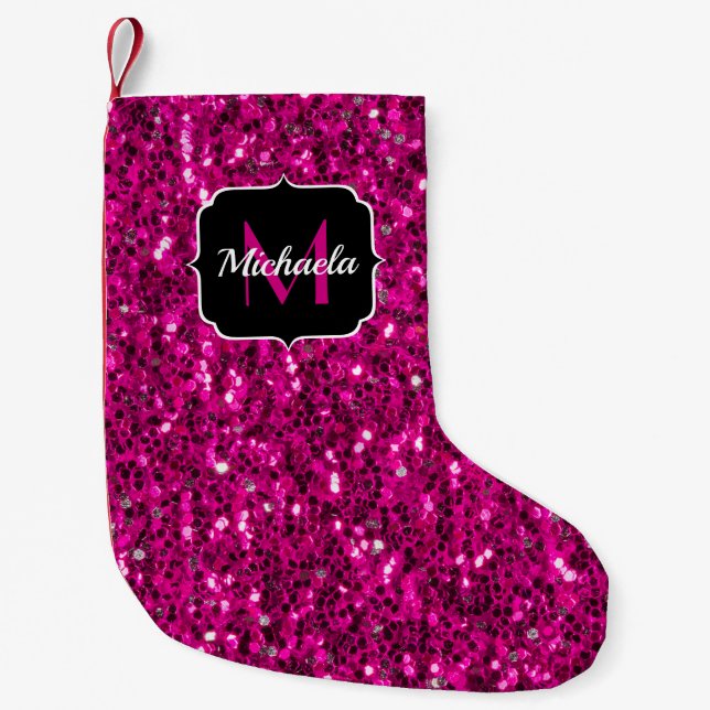 Varmt rosa glittrande falskt glitter Monogram Liten Julstrumpa (Framsidan)