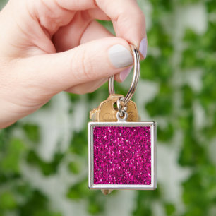 Varmt rosa gnistrande falskt glitter fyrkantig silverfärgad nyckelring