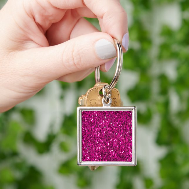 Varmt rosa gnistrande falskt glitter fyrkantig silverfärgad nyckelring (Hand)