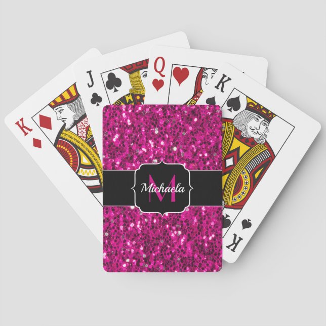 Varmt rosa gnistrande falskt glitter Monogram Casinokort (Baksidan)