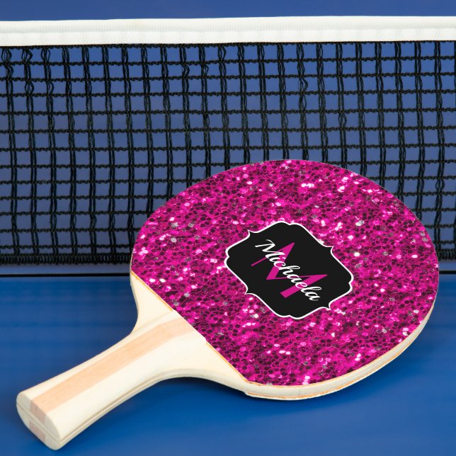 Varmt rosa gnistrande falskt glitter Monogram Pingisracket (Insitu)