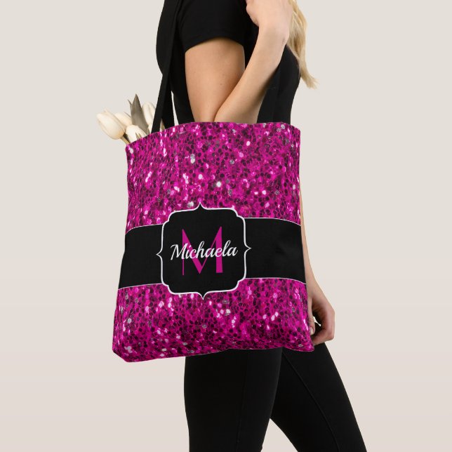 Varmt rosa gnistrande falskt glittermonogram tygkasse (Närbild)