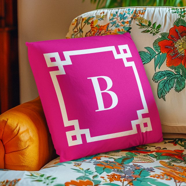Varmt rosa grekisk nyckel kant monogram kudde (Hot Pink Greek Key Border Monogram Outdoor Pillow)