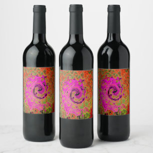 Varmt rosa groovy abstrakt retro flytande virvel vinflaska etikett
