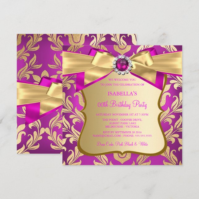 Varmt Rosa Guld Damask Båge Födelsedagsfest Inbjud Inbjudningar (Fram/baksida)