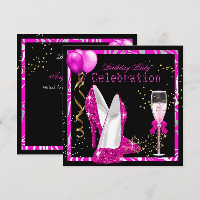 Varmt Rosa Guld Glitter Zebra Svart Födelsedagsfes Inbjudningar (Fram/baksida)