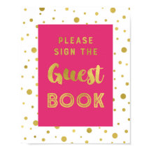 Varmt rosa guldkonfetti-gästbok Bröllopsskylt