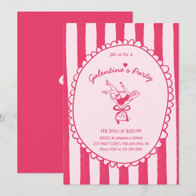 Varmt Rosa Handritad Galentine's Day-fest Inbjudningar (Fram/baksida)