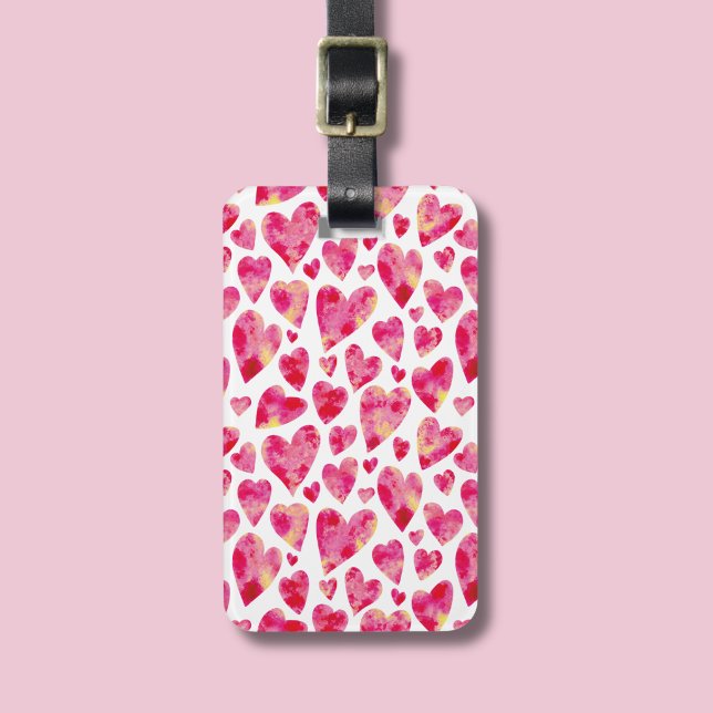 Varmt Rosa Kärlek Hjärtmönster Bagagebricka (Pink watercolor love heart luggage tag)