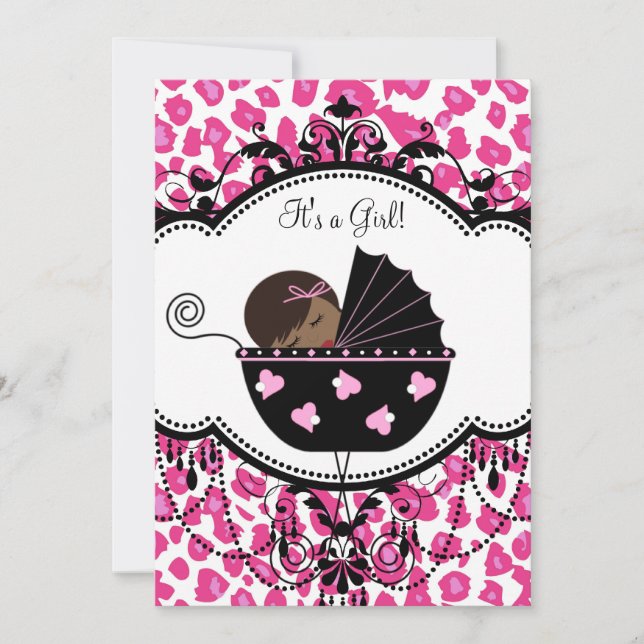 Varmt rosa leopard afroamerikansk babyflicka showe inbjudningar (Framsida)