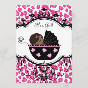 Varmt rosa leopard afroamerikansk babyflicka showe inbjudningar