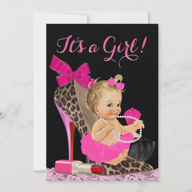 Varmt rosa leopard högklackad sko baby shower inbjudningar (Framsida)