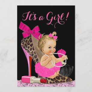 Varmt rosa leopard högklackad sko baby shower inbjudningar