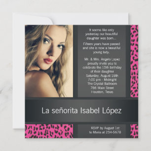 Varmt Rosa Leopard Personlig Foto Quinceanera Inbjudningar