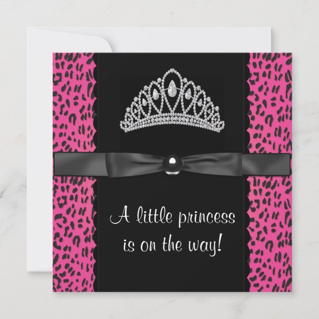 Varmt rosa leopard prinsessa babyflicka baby showe inbjudningar (Framsida)