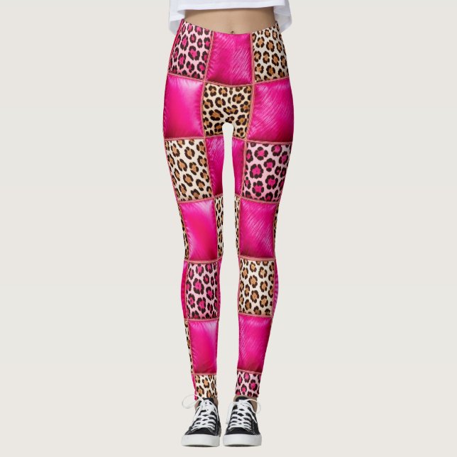 Varmt rosa leopardtryck lappverksleggings leggings (Framsida)