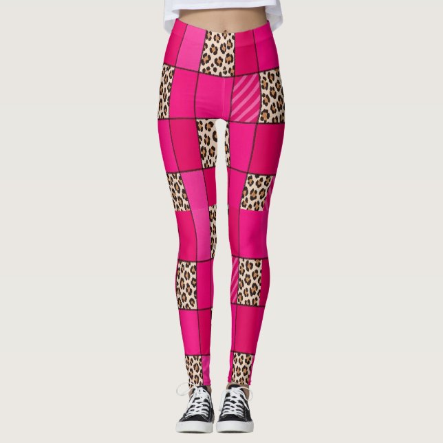 Varmt rosa leopardtryck lappverksleggings leggings (Framsida)