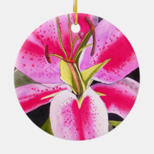 Varmt rosa lilja blomma akvarell popkonst blomma julgransprydnad keramik