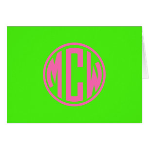 Varmt rosa limegrön preppy cirkelmonogram gör-det- OBS kort