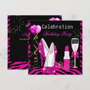 Varmt Rosa Lippstift Glitter Zebrafödelsedagsfest Inbjudningar