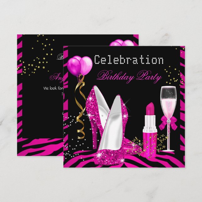 Varmt Rosa Lippstift Glitter Zebrafödelsedagsfest Inbjudningar (Fram/baksida)