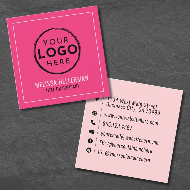 Varmt Rosa Logotyp Professionell Minimalistisk Fyrkantigt Visitkort (Hot Pink Logo Professional Minimalist Square Business Card)