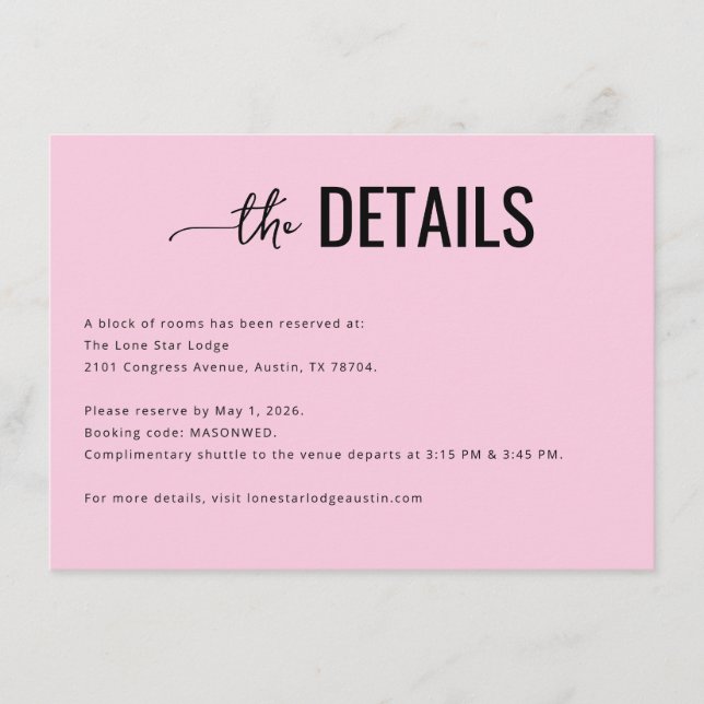 Varmt Rosa Minimalistisk Bröllopsdetaljkort Tilläggskort (Framsida)