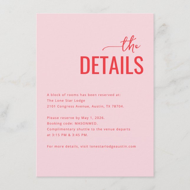 Varmt Rosa Minimalistisk Händelseinformation Tilläggskort (Framsida)