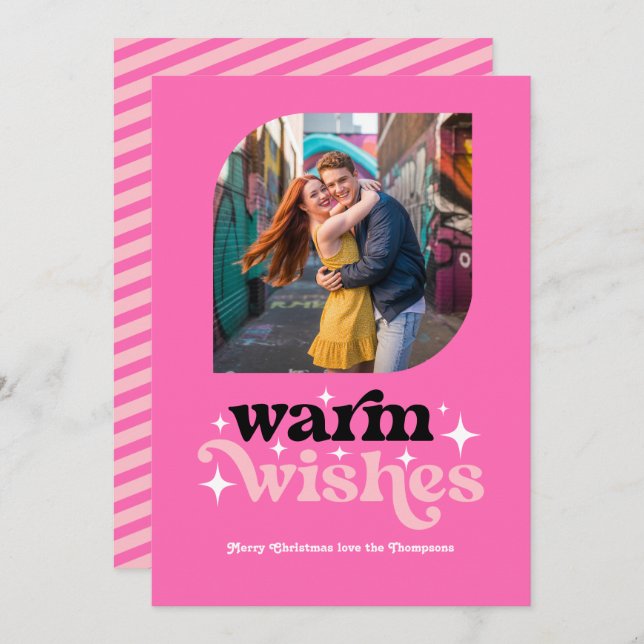 Varmt rosa modern retro julfoto julkort (Fram/baksida)