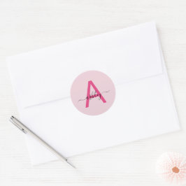 Varmt Rosa Modern Skrift Feminint Initialnamn Runt Klistermärke