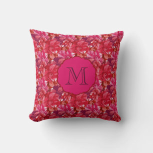 Varmt rosa monogram stora rosor blommönster kudde