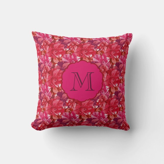 Varmt rosa monogram stora rosor blommönster kudde (Framsida)