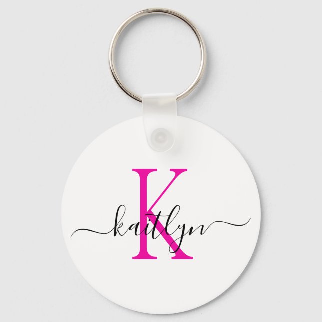 Varmt Rosa Namn Initial Monogram Nyckelring (Framsida)