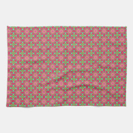 Varmt rosa och grönt blommigt kökshandduk