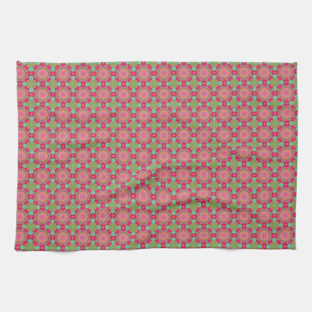 Varmt rosa och grönt blommigt kökshandduk (Horisontell)