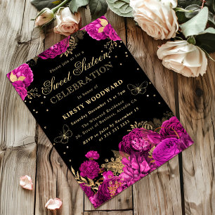 Varmt rosa och gyllene rosor Blommig Sweet Sixteen Inbjudningar