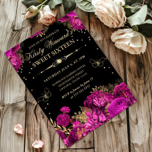 Varmt rosa och gyllene rosor Blommig Sweet Sixteen Inbjudningar