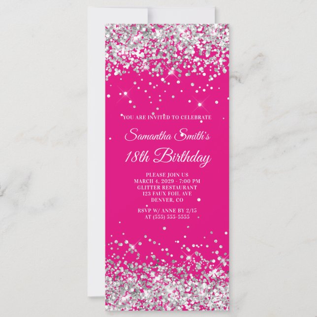 Varmt rosa och silver glitter 18-årsdag inbjudningar (Framsida)