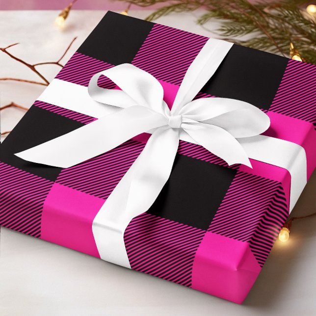 Varmt rosa och svart Buffalo-rutigt jul Presentpapper (Hot Pink and Black Buffalo Plaid Christmas Wrapping Paper)